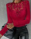 2023 Autumn Winter Spring New Fashion Casual Sexy Blouses Off Shoulder Hollow Out Lace Top Female Clothing TShirts Pullover Tops