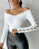 2023 Autumn Winter Spring New Fashion Casual Sexy Blouses Off Shoulder Hollow Out Lace Top Female Clothing TShirts Pullover Tops