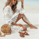 Vestido de Renda Branco Boho – Decote em V, Estilo Crochê, Saída de Biquíni Praia
