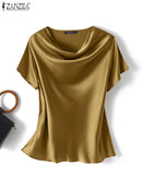 Blusa Feminina ZANZEA – Cetim Brilhante com Decote Cowl, Manga Curta Elegante e Casual