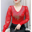 Blusa Feminina Coreana 2025 – Manga Longa, Decote V, Slim Fit, Patchwork em Renda