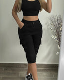 Calça Feminina Casual – Skinny, Cintura Alta com Cordão, Bolsos e Punhos Ajustáveis