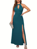 Vestido Longo Feminino – Fenda Lateral, Sem Mangas, Decote Alto, Elegante para Festa e Coquetel