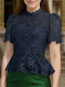 Blusa Feminina Rendada ZANZEA – Elegante, Transparente, Manga Bufante Curta