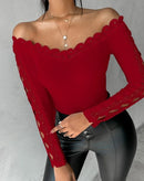 2023 Autumn Winter Spring New Fashion Casual Sexy Blouses Off Shoulder Hollow Out Lace Top Female Clothing TShirts Pullover Tops
