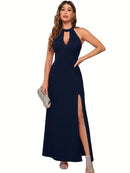 Vestido Longo Feminino – Fenda Lateral, Sem Mangas, Decote Alto, Elegante para Festa e Coquetel