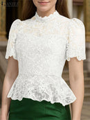 Blusa Feminina Rendada ZANZEA – Elegante, Transparente, Manga Bufante Curta