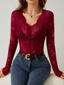 Blusa Feminina  – Manga Longa em Renda Floral Transparente, Decote V, Slim Fit Elegante para Todas as Estações"