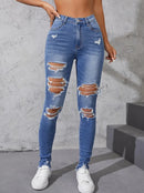 Pencil Jeans Feminino – Skinny, Cintura Alta, Estilo Casual Rasgado