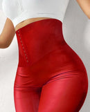 Calça Casual Feminina Slim Reta PU com Spandex – Cintura Média, Até o Tornozelo