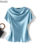 Blusa Feminina ZANZEA – Cetim Brilhante com Decote Cowl, Manga Curta Elegante e Casual