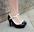 Big Size Bowtie Mary Janes 9cm High Spike Heel Women Platform Pumps Red Patent Leather Casual Office Lady Round Toe Lolita Shoes