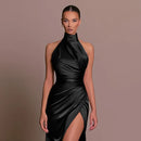 Vestido Longo Feminino de Cetim – Decote Halter, Sem Mangas, Costas Abertas e Fenda Lateral