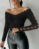 2023 Autumn Winter Spring New Fashion Casual Sexy Blouses Off Shoulder Hollow Out Lace Top Female Clothing TShirts Pullover Tops