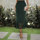 Saia Longa Elegante Feminina 2024 – Outono, Preta, Renda Patchwork, Estilo Envelope, Valoriza o Quadril