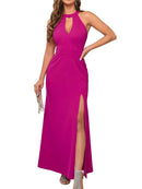 Vestido Longo Feminino – Fenda Lateral, Sem Mangas, Decote Alto, Elegante para Festa e Coquetel