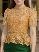 Blusa Feminina Rendada ZANZEA – Elegante, Transparente, Manga Bufante Curta