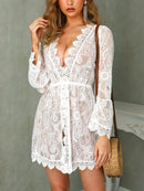 Vestido de Renda Branco Boho – Decote em V, Estilo Crochê, Saída de Biquíni Praia