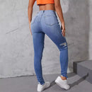 Pencil Jeans Feminino – Skinny, Cintura Alta, Estilo Casual Rasgado