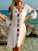 Saída de Praia em Crochê Flor – Vestido Transparente, Respirável  para Férias e Verão