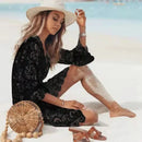 Vestido de Renda Branco Boho – Decote em V, Estilo Crochê, Saída de Biquíni Praia