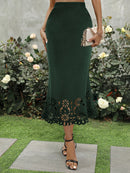 Saia Longa Elegante Feminina 2024 – Outono, Preta, Renda Patchwork, Estilo Envelope, Valoriza o Quadril