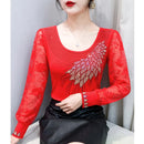 Blusa Feminina Coreana 2025 – Manga Longa, Decote V, Slim Fit, Patchwork em Renda