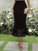 Saia Longa Elegante Feminina 2024 – Outono, Preta, Renda Patchwork, Estilo Envelope, Valoriza o Quadril