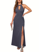 Vestido Longo Feminino – Fenda Lateral, Sem Mangas, Decote Alto, Elegante para Festa e Coquetel