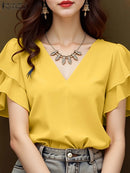 Blusa Feminina ZANZEA 2025 – Manga Curta com Babados, Decote V, Regular Fit
