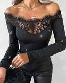 2023 Autumn Winter Spring New Fashion Casual Sexy Blouses Off Shoulder Hollow Out Lace Top Female Clothing TShirts Pullover Tops