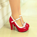Big Size Bowtie Mary Janes 9cm High Spike Heel Women Platform Pumps Red Patent Leather Casual Office Lady Round Toe Lolita Shoes