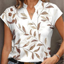 Blusa Feminina Estampa de Folhas – Decote V, Manga Curta, Moda Francesa Verão 2025