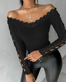 2023 Autumn Winter Spring New Fashion Casual Sexy Blouses Off Shoulder Hollow Out Lace Top Female Clothing TShirts Pullover Tops