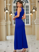 Vestido Longo Feminino – Fenda Lateral, Sem Mangas, Decote Alto, Elegante para Festa e Coquetel