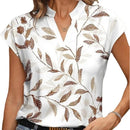 Blusa Feminina Estampa de Folhas – Decote V, Manga Curta, Moda Francesa Verão 2025