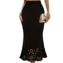 Saia Longa Elegante Feminina 2024 – Outono, Preta, Renda Patchwork, Estilo Envelope, Valoriza o Quadril