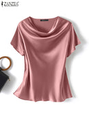 Blusa Feminina ZANZEA – Cetim Brilhante com Decote Cowl, Manga Curta Elegante e Casual