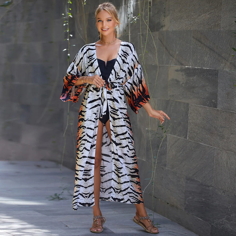 Saída de Praia Feminina de Algodão – Cardigan com Cinto, Proteção Solar