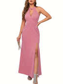 Vestido Longo Feminino – Fenda Lateral, Sem Mangas, Decote Alto, Elegante para Festa e Coquetel