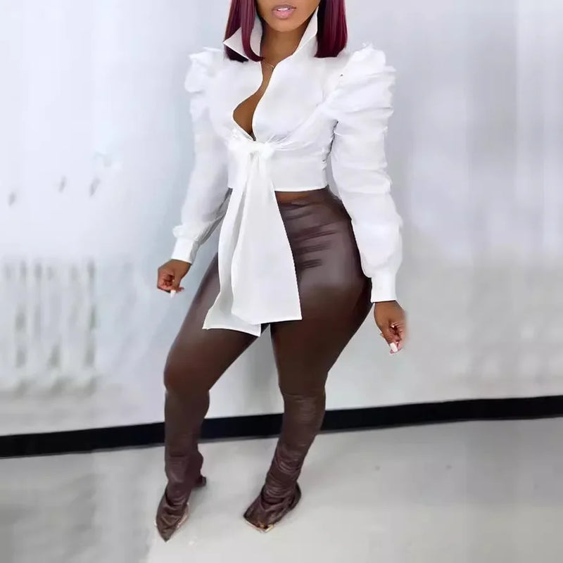 blusa Feminina M3004 – Decote V, Manga 3/4, Casual, Amarração Frontal