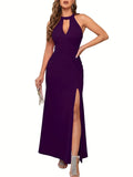 Vestido Longo Feminino – Fenda Lateral, Sem Mangas, Decote Alto, Elegante para Festa e Coquetel