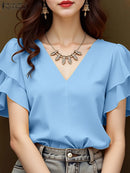 Blusa Feminina ZANZEA 2025 – Manga Curta com Babados, Decote V, Regular Fit