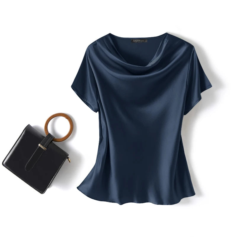 Blusa Feminina ZANZEA – Cetim Brilhante com Decote Cowl, Manga Curta Elegante e Casual
