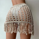 Saída de Praia Feminina  Curta Tricô, Vazado, Franjas, Fenda Lateral