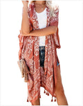 Saída de Praia Feminina 2025 – Kimono Longo Boho com Franjas, Estampado, Sexy e Plus Size | Túnica Elegante para Biquíni e Moda Praia"