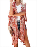 Saída de Praia Feminina 2025 – Kimono Longo Boho com Franjas, Estampado, Sexy e Plus Size | Túnica Elegante para Biquíni e Moda Praia"
