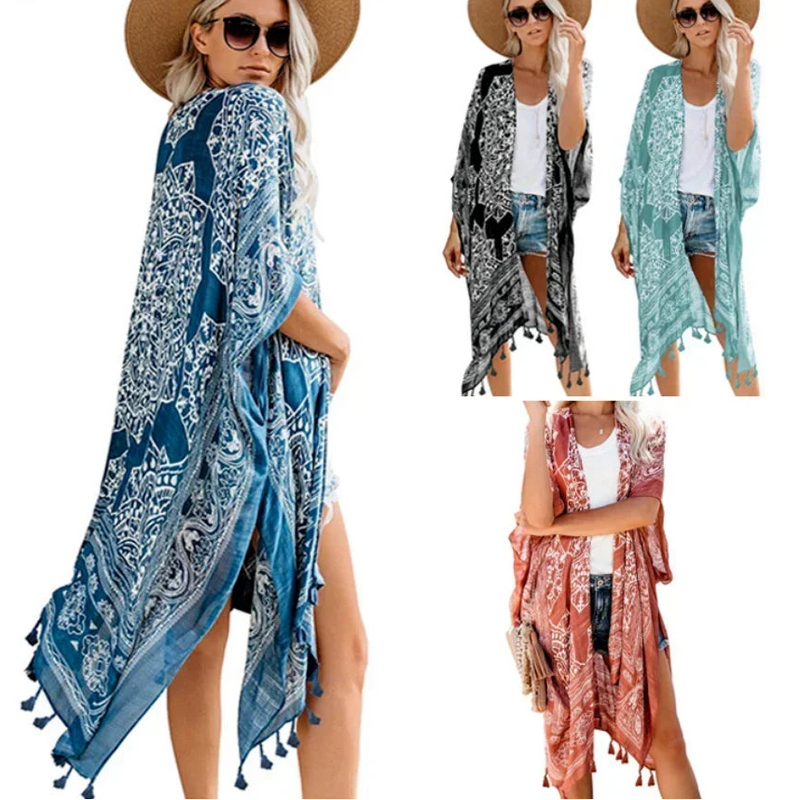 Saída de Praia Feminina 2025 – Kimono Longo Boho com Franjas, Estampado, Sexy e Plus Size | Túnica Elegante para Biquíni e Moda Praia"