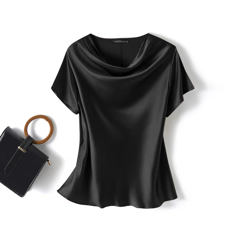 Blusa Feminina ZANZEA – Cetim Brilhante com Decote Cowl, Manga Curta Elegante e Casual