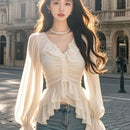 ✨ Blusa V com Manga Bufante e Tassel